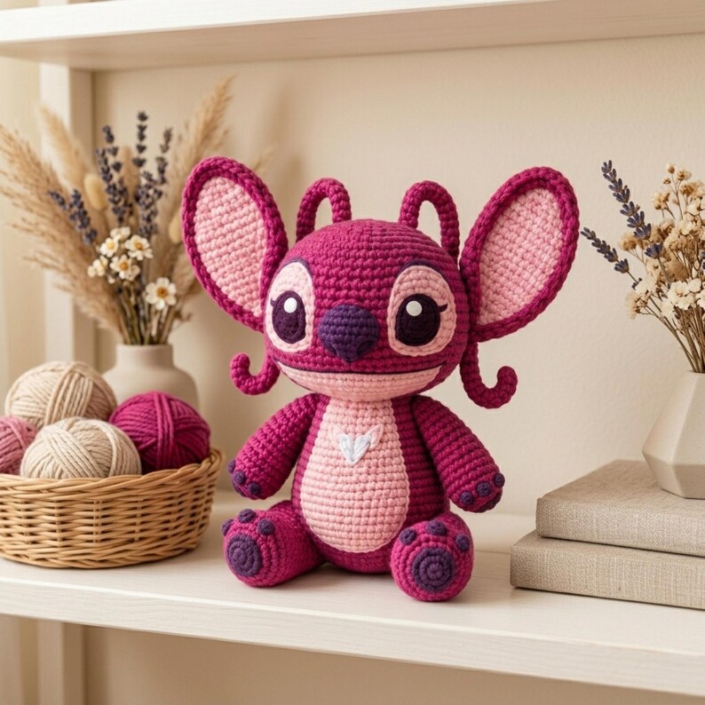 May include: A magenta and light pink crocheted plush toy featuring large ears, a rounded head, and a small heart-shaped detail on the chest. The character has dark purple eyes, a dark purple nose, and small dark purple paw pads on its feet.