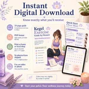 May include: Digital download graphic with the text "Instant Digital Download" and "Kegel Exercise Guide for Women." Includes a 33-page guide, a quick start cheat sheet, and a 30-day tracker. The image features a woman in workout clothes.