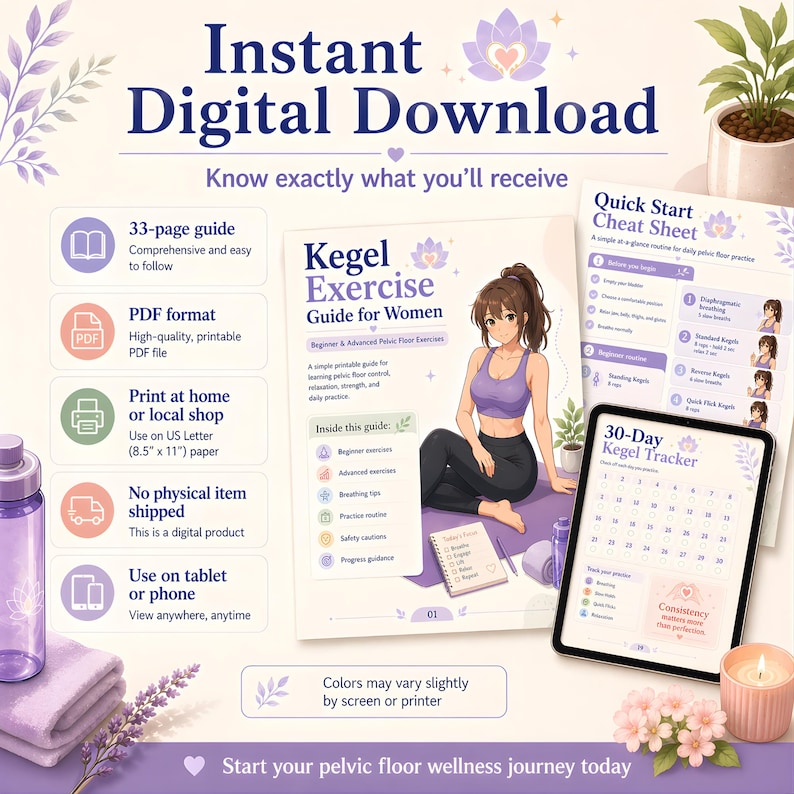 May include: Digital download graphic with the text "Instant Digital Download" and "Kegel Exercise Guide for Women." Includes a 33-page guide, a quick start cheat sheet, and a 30-day tracker. The image features a woman in workout clothes.