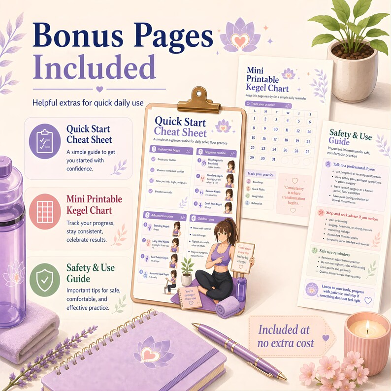 May include: A promotional image featuring a collection of wellness and fitness resources. It includes a cheat sheet, a mini printable Kegel chart, and a safety guide. The image also shows a notebook, pen, water bottle, and a candle, all in shades of purple and white.