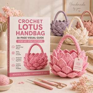 May include: A 36-page visual guide book titled Crochet Lotus Handbag with step-by-step patterns, displayed next to a pink crocheted lotus-shaped handbag with a handle and a tag reading Handmade With Love, plus crochet hooks and scissors.