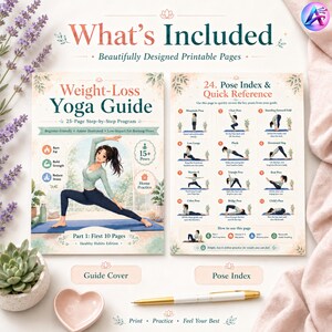 May include: A Weight-Loss Yoga Guide with a 25-page step-by-step program, featuring anime illustrations and low-impact fat-burning flows. Includes a pose index and quick reference guide. The cover and pose index are displayed with a pen and heart-shaped dish.