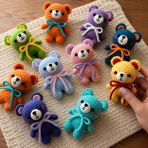 May include: A collection of nine small, crocheted teddy bears in various colors including orange, purple, green, blue, pink, and yellow. Each bear features a white muzzle, black eyes, a stitched nose, and a contrasting ribbon tied around its neck.