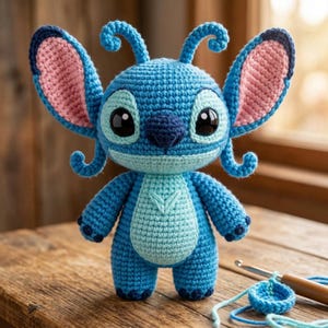 May include: A blue and light blue crocheted plush toy featuring large ears with pink inner sections, two antennae, and a dark blue nose. The character has large black eyes and a light blue belly patch, crafted with visible yarn stitches.