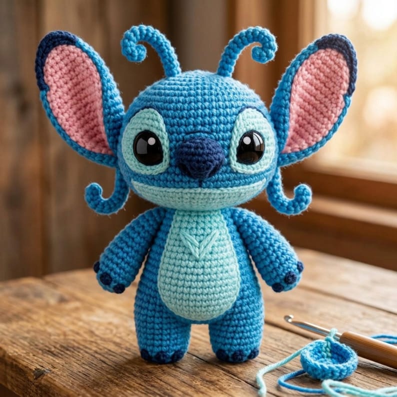 May include: A blue and light blue crocheted plush toy featuring large ears with pink inner sections, two antennae, and a dark blue nose. The character has large black eyes and a light blue belly patch, crafted with visible yarn stitches.