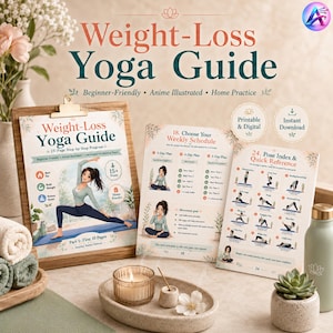 May include: A Weight-Loss Yoga Guide with the text "Beginner-Friendly Anime Illustrated Home Practice." The guide includes a 25-page step-by-step program, pose index, and weekly schedule. The image also shows a water bottle, a candle, and a small succulent.