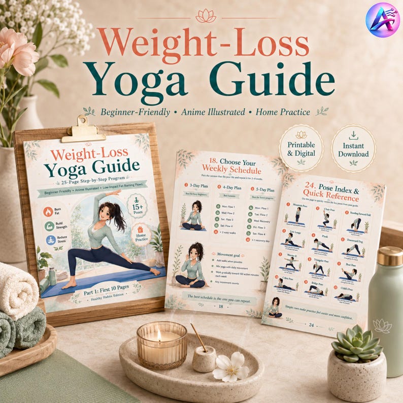 May include: A Weight-Loss Yoga Guide with the text "Beginner-Friendly Anime Illustrated Home Practice." The guide includes a 25-page step-by-step program, pose index, and weekly schedule. The image also shows a water bottle, a candle, and a small succulent.