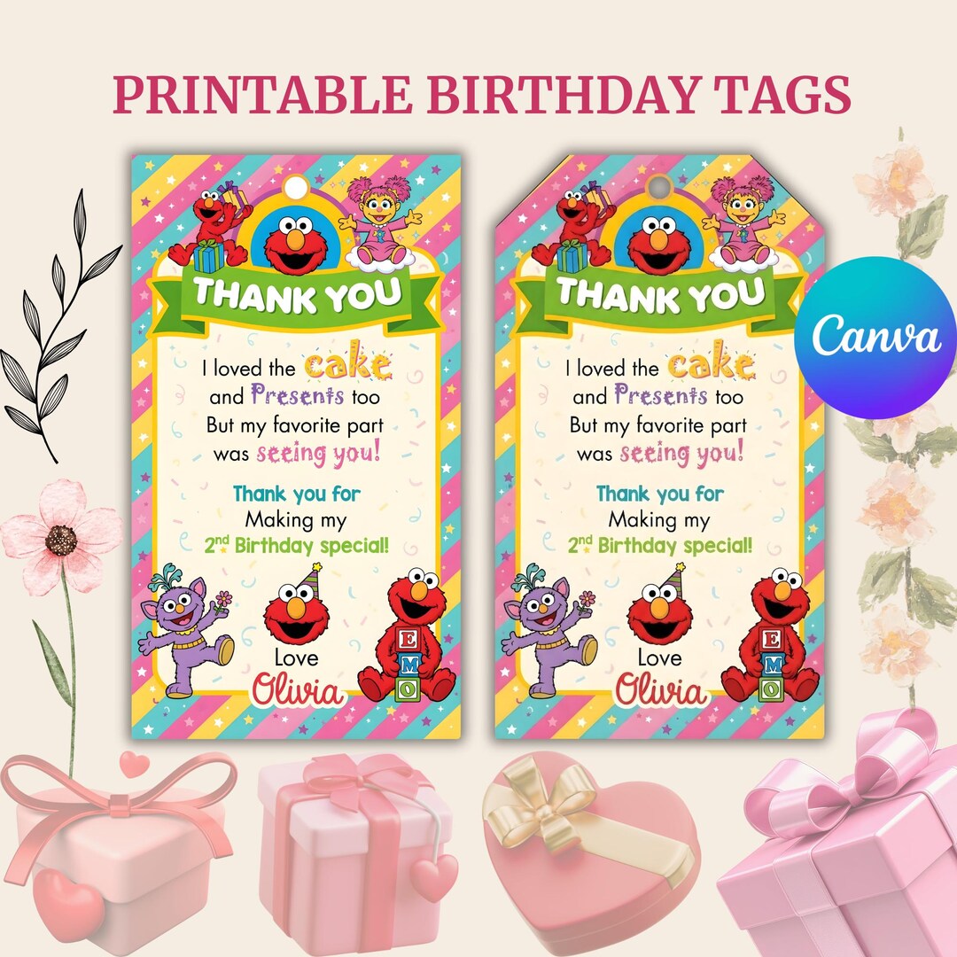 Editable Birthday Favor Tags | Elmo Inspired Thank You Tag | Kids Party ...