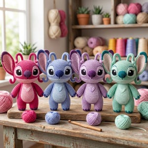 May include: Four crocheted dolls in pink, light blue, lavender, and mint green, each featuring large ears, antennae, and a heart-shaped patch on the chest. Each doll is paired with a matching ball of yarn and a wooden crochet hook on a wooden surface.