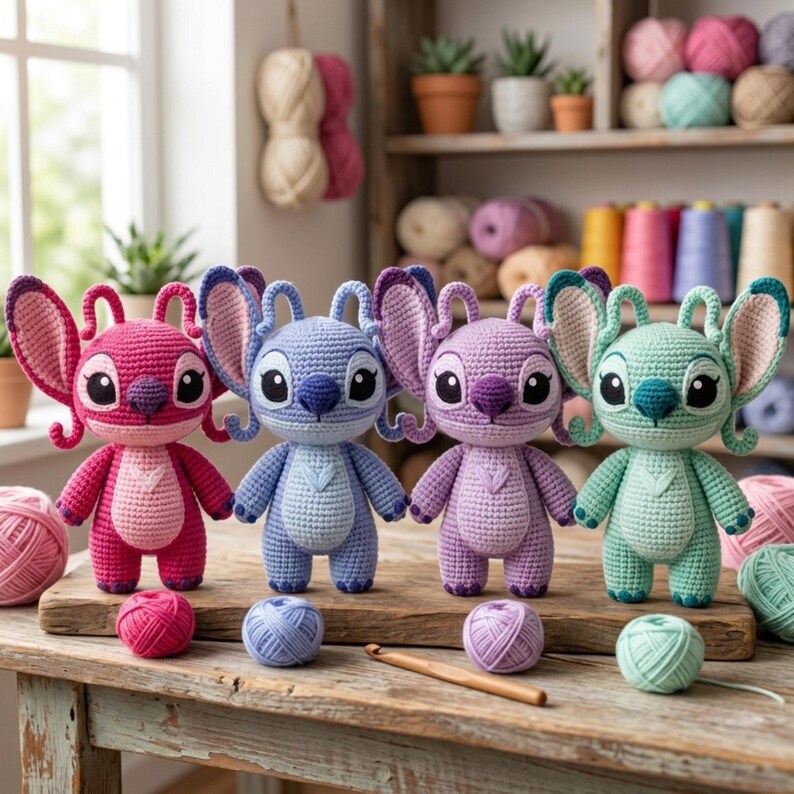 May include: Four crocheted dolls in pink, light blue, lavender, and mint green, each featuring large ears, antennae, and a heart-shaped patch on the chest. Each doll is paired with a matching ball of yarn and a wooden crochet hook on a wooden surface.