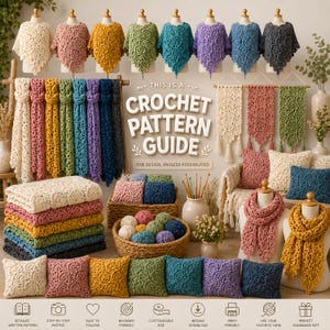 May include: A variety of crochet items in various colors, including ponchos, scarves, blankets, and pillows. The image also features a crochet pattern guide with the text "THIS IS A CROCHET PATTERN GUIDE".