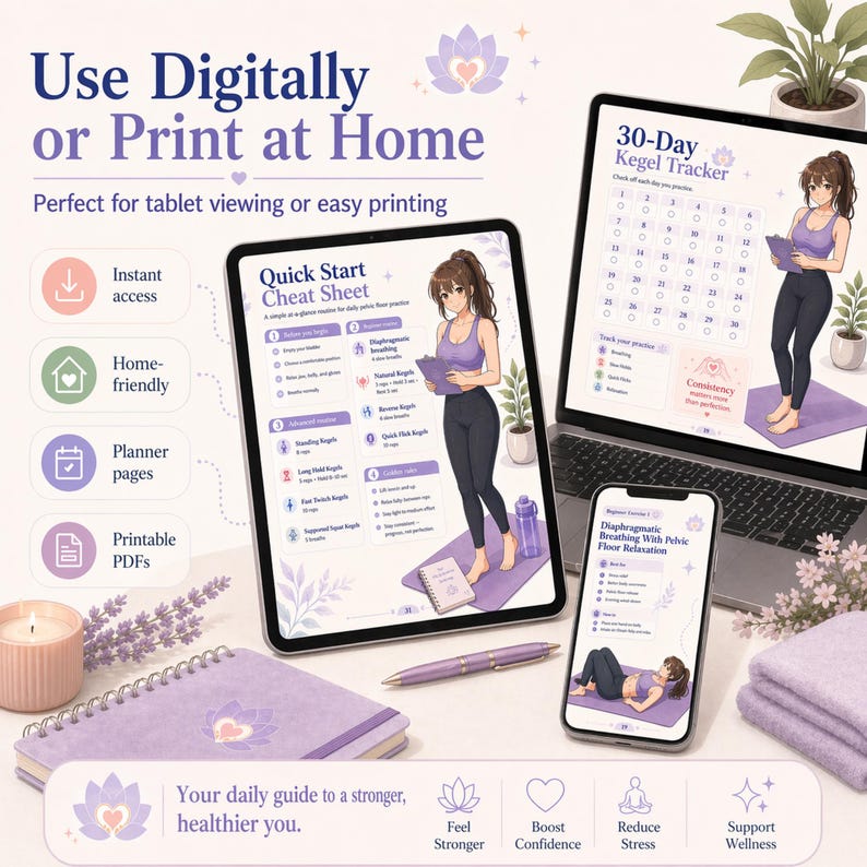 May include: Digital wellness guides with the text "Use Digitally or Print at Home." The image shows a tablet, laptop, and phone displaying exercise guides. A 30-day Kegel tracker and a quick start cheat sheet are visible. A journal, pen, and towels are also present.