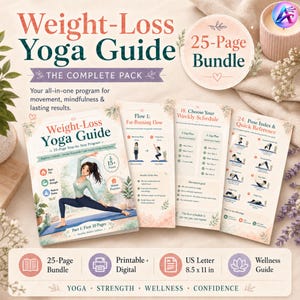 May include: A Weight-Loss Yoga Guide, a 25-page bundle, is displayed. The cover features a woman in a yoga pose. The guide includes a pose index, weekly schedules, and a printable digital format, US Letter size 8.5 x 11 inches.