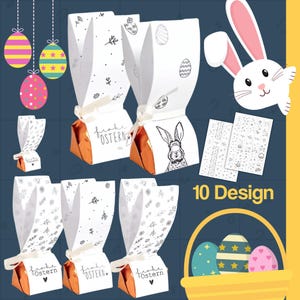 Könnte beinhalten: Weiße Oster-Geschenkboxen mit orangefarbenen Böden, gebunden mit cremefarbenen Bändern. Die Boxen zeigen Blumen- und Hasenmotive mit dem Text "Frohe Ostern". Dekorative Ostereier und eine Hasenillustration sind ebenfalls vorhanden.