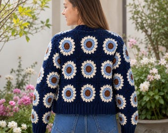 Sunflower Crochet Cardigan Pattern PDF, Granny Square Cardigan, Beginner Friendly Crochet Sweater, Patchwork Cardigan Tutorial