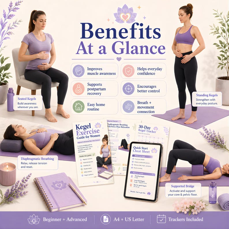 May include: An image showcasing a wellness guide with the text "Benefits At a Glance." It features women demonstrating Kegel exercises, along with a journal, a water bottle, and a 30-day tracker. The guide includes beginner and advanced levels.