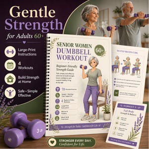 May include: A spiral-bound workout guide titled Senior Women Dumbbell Workout 60+ with illustrated exercises, large-print instructions, and four routines. Includes two purple 3 lb dumbbells, a seated bicep curl instruction card, and a workout A card.