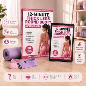 May include: A 12-Minute Thick Legs Round Booty workout guide book and tablet display, a rolled purple yoga mat, and a pink and purple fabric resistance band. The materials feature text detailing a 30-day challenge with 8 exercises and 18 time blocks.