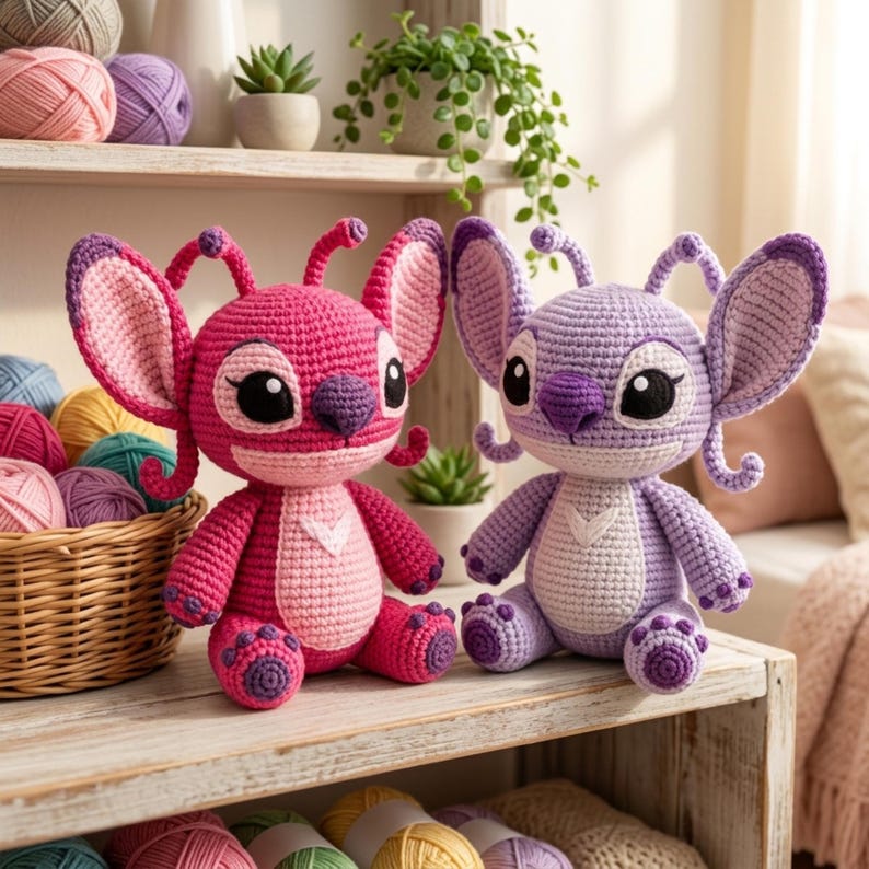 May include: Two crocheted plush toys featuring large ears, antennae, and wide eyes. One toy is vibrant pink with a lighter pink belly, while the other is light purple with a lighter purple belly. Both have stitched details on their chests and feet.