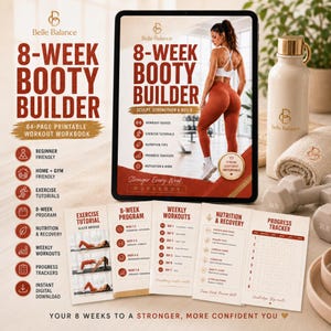 Op de afbeelding: Een 8-weekse booty builder printbaar werkboekset met een digitale tablet die een trainingsgids toont, een crèmekleurige waterfles, een opgevouwen handdoek en twee 3lb dumbbells. Inclusief oefeningtutorials en voortgangstrackers.