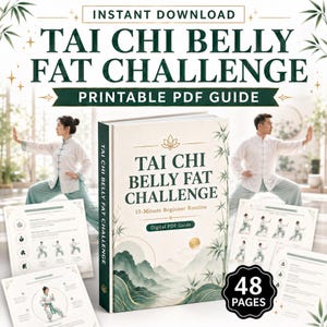 May include: A digital PDF guide titled Tai Chi Belly Fat Challenge, 15-Minute Beginner Routine, featuring a 48-page count. The cover displays a mountain landscape with bamboo illustrations, and the set includes multiple printed exercise sheets.