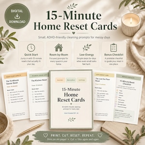 Può includere: Un download digitale di schede di ripristino domestico da 15 minuti. Le schede offrono suggerimenti per la pulizia adatti all'ADHD per le giornate disordinate. Include schede Quick Start, Room-by-Room, Low-Energy e Bonus Checklist. Da stampare su carta A4.