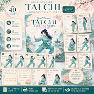 Può includere: Una guida digitale di esercizi di Tai Chi per donne, con 40 pagine stampabili. La guida include 20 esercizi tradizionali, pianificatori di routine, tracker e pagine di riflessione. La copertina mostra una donna in abito turchese che pratica Tai Chi.