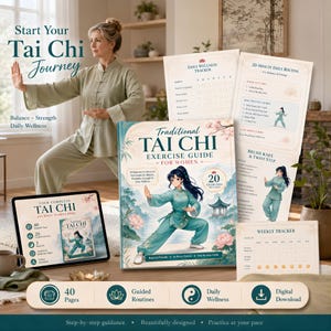 May include: A Tai Chi exercise guide set including a printed book with an illustrated cover, a digital tablet displaying a Tai Chi journey, a daily wellness tracker, a 20-minute routine sheet, a weekly tracker, and a summary bar with icons.