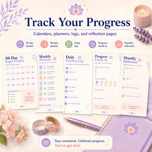 May include: A collection of self-care journals and planners with the text "Track Your Progress." The image includes a 30-day tracker, weekly planner, daily log, progress check-in, and monthly reflection pages. Also shown are washi tape, a pen, and a candle.