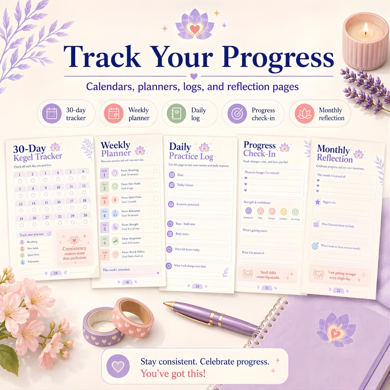 May include: A collection of self-care journals and planners with the text "Track Your Progress." The image includes a 30-day tracker, weekly planner, daily log, progress check-in, and monthly reflection pages. Also shown are washi tape, a pen, and a candle.