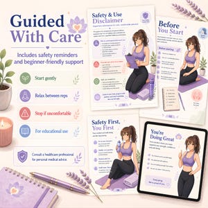 May include: An illustrated guide with the title "Guided With Care" and safety reminders. The image features a woman in workout attire, along with text and graphics. The color palette includes purple, white, and green.
