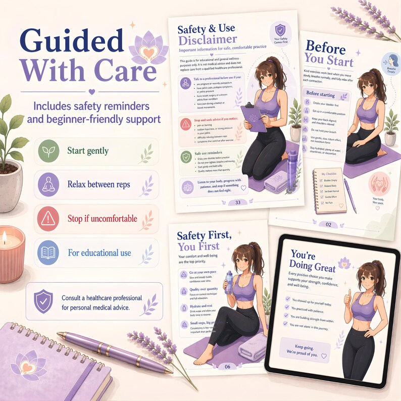 May include: An illustrated guide with the title "Guided With Care" and safety reminders. The image features a woman in workout attire, along with text and graphics. The color palette includes purple, white, and green.