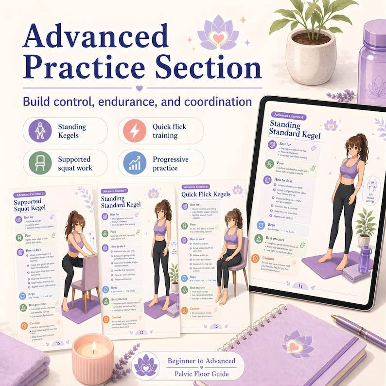 May include: An illustration promoting pelvic floor exercises. The image features a tablet and several cards with exercise instructions, including "Standing Kegels" and "Quick Flick Kegels." The text reads "Advanced Practice Section" and "Beginner to Advanced Pelvic Floor Guide."