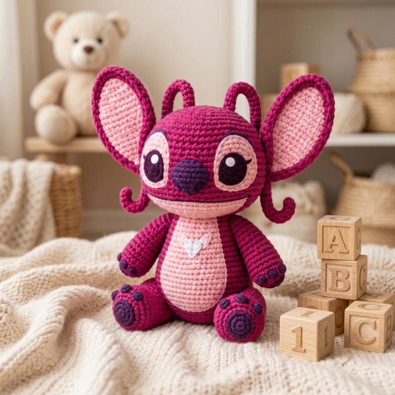 May include: A crochet plush toy featuring a dark magenta body with a light pink belly and inner ears. The character has large pointed ears, dark purple eyes, a dark purple nose, and a small white heart-shaped detail on the chest area.