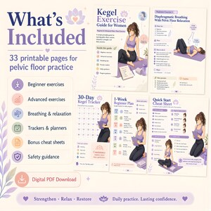 May include: A digital PDF guide for pelvic floor exercises. The guide includes beginner and advanced exercises, breathing techniques, trackers, and cheat sheets. The cover features the text "What's Included" and "Kegel Exercise Guide for Women."