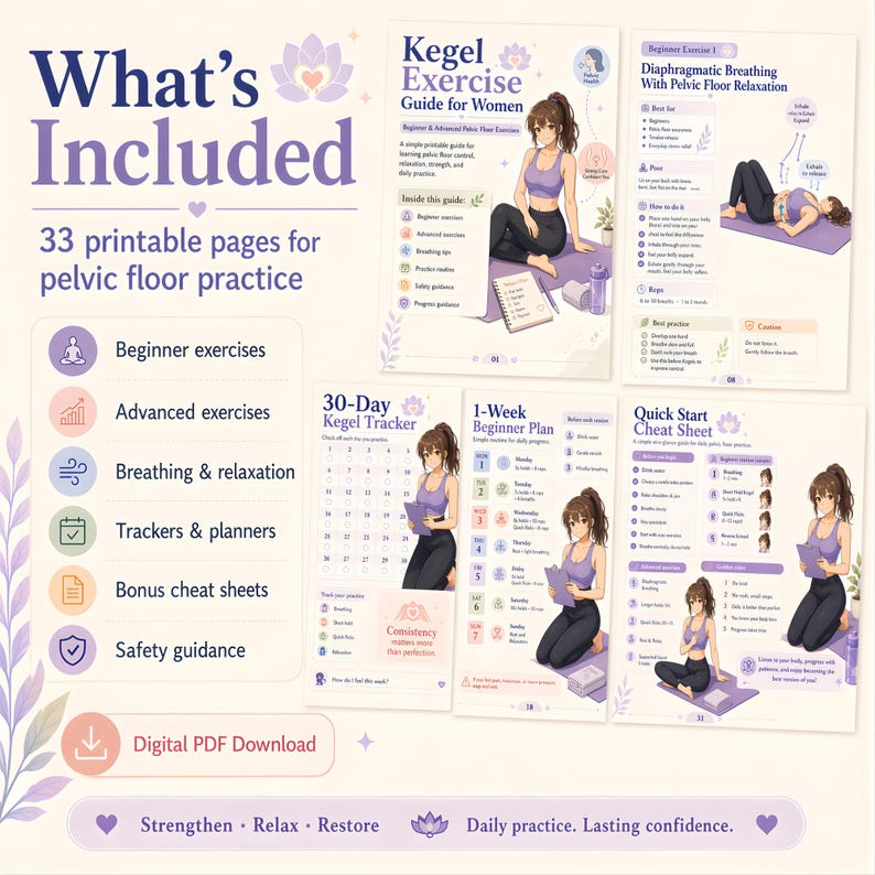 May include: A digital PDF guide for pelvic floor exercises. The guide includes beginner and advanced exercises, breathing techniques, trackers, and cheat sheets. The cover features the text "What's Included" and "Kegel Exercise Guide for Women."