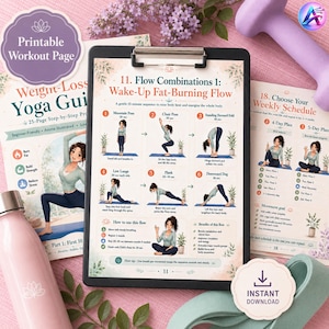 May include: A yoga workout guide and printable workout pages are displayed. The guide is titled "Weight-Loss Yoga Gui" and features anime-style illustrations. A clipboard shows a "Wake-Up Fat-Burning Flow" with yoga poses. A pink water bottle and a purple dumbbell are also visible.
