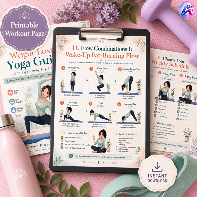May include: A yoga workout guide and printable workout pages are displayed. The guide is titled "Weight-Loss Yoga Gui" and features anime-style illustrations. A clipboard shows a "Wake-Up Fat-Burning Flow" with yoga poses. A pink water bottle and a purple dumbbell are also visible.
