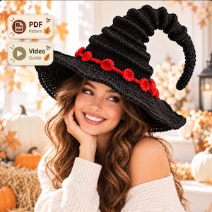 Peut inclure: Un chapeau de sorcière en crochet noir avec une couronne haute, incurvée et côtelée, ainsi qu'un large bord. Une bande décorative composée de petits accents circulaires en crochet rouge entoure la base de la couronne. Texte PDF Pattern et Video Guide.
