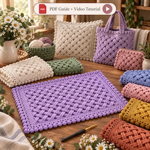 Op de afbeelding: Een collectie gehaakte items met een mandvlechtpatroon, waaronder een rechthoekige mat, een draagtas, een tasje met rits, een kussen en gevouwen textiel in lavendel, crème, groen, blauw, roze, geel en roestkleuren met een haaknaald.