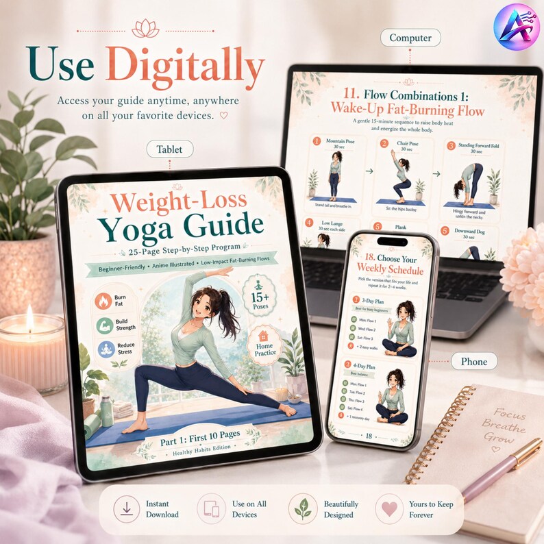 May include: Digital weight-loss yoga guide displayed on a tablet, laptop, and phone. The tablet shows the cover with an illustration of a woman in a yoga pose. The laptop displays yoga flow combinations. The phone shows a weekly schedule.
