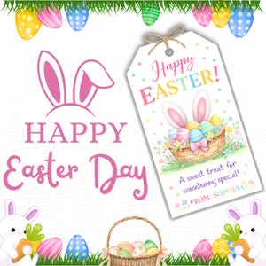 May include: A festive Easter-themed design with the words "Happy Easter Day" in pink script. A gift tag features "Happy Easter!" with a basket of eggs and bunny ears. Decorative eggs and bunnies are also present.