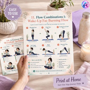 May include: A yoga flow chart with illustrations of poses, including Mountain Pose, Chair Pose, and Downward Dog. The chart is titled "Wake-Up Fat-Burning Flow" and includes instructions. The words "Print at Home" are also visible.