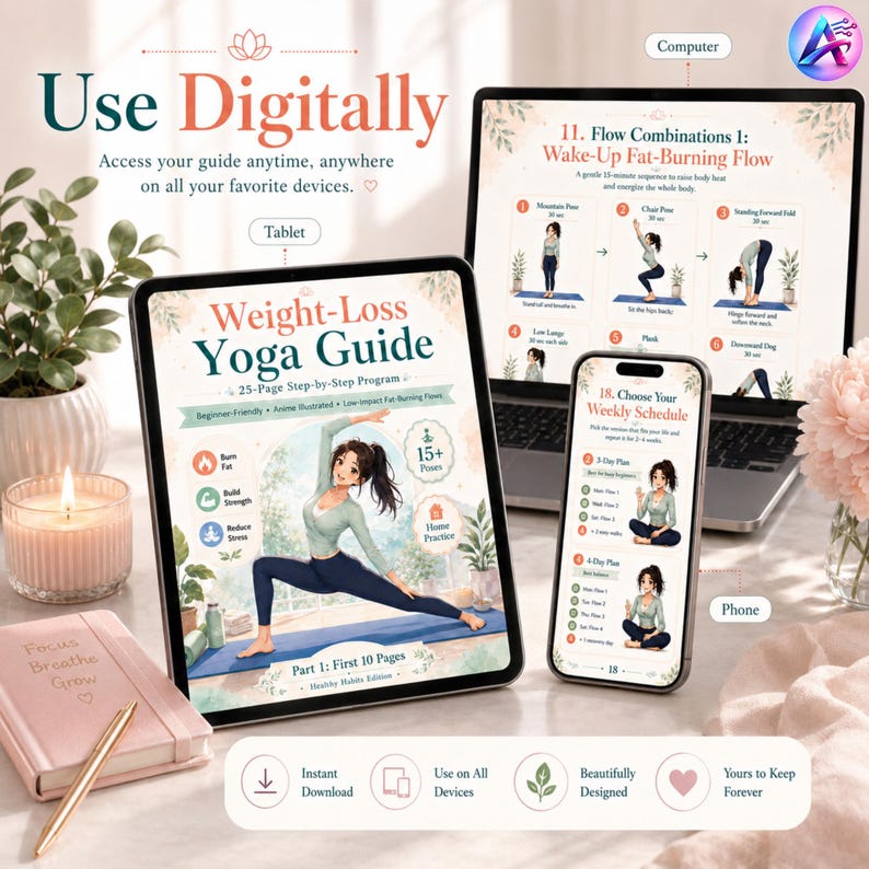May include: A digital weight-loss yoga guide displayed on a tablet, laptop, and phone. The tablet shows a woman in a yoga pose. The laptop displays yoga flow combinations. The phone shows a weekly schedule. Text includes "Use Digitally" and "Weight-Loss Yoga Guide."