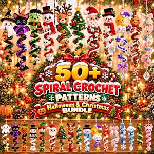 May include: A collection of spiral crochet ornaments featuring Halloween and Christmas characters like ghosts, cats, Santa, snowmen, and trees. The central text reads 50+ SPIRAL CROCHET PATTERNS Halloween & Christmas BUNDLE.