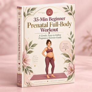 Könnte beinhalten: Ein gebundenes Buch mit dem Titel 35-Min Beginner Prenatal Full-Body Workout, das eine schwangere Person in einem bordeauxroten Sport-BH und Leggings auf einer Yogamatte zeigt. Das Cover hat florale Illustrationen, Goldakzente und den Text Move, Nourish, Prepare, Thrive.