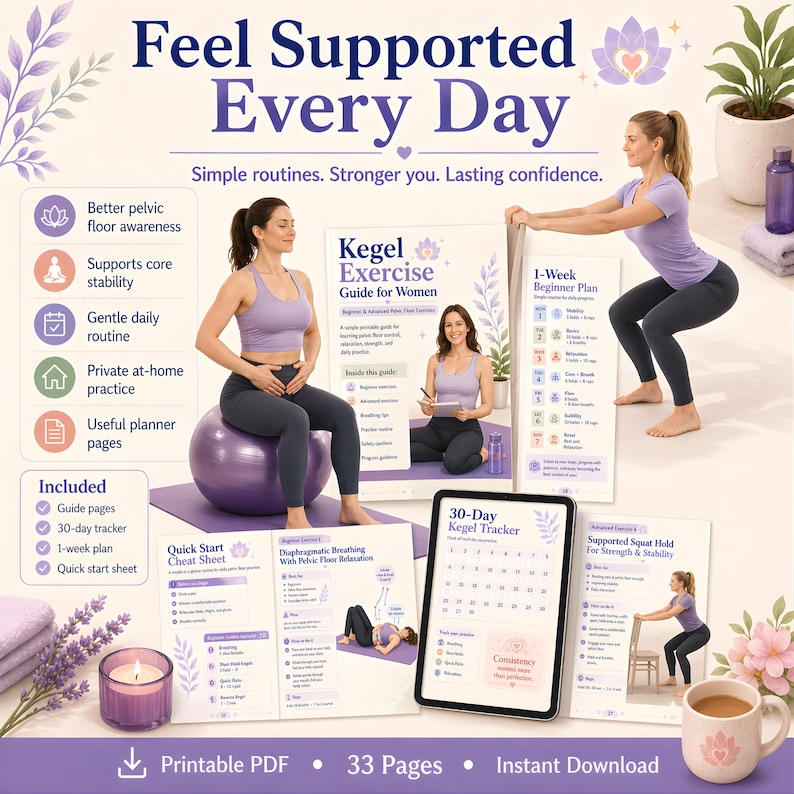 May include: A promotional image for a Kegel exercise guide. The image features women demonstrating exercises, along with a 30-day tracker, a quick start sheet, and a 1-week beginner plan. The text reads "Feel Supported Every Day."