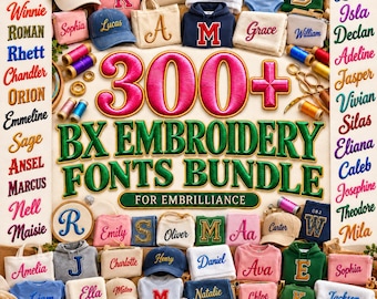 May include: A digital display featuring the text 300+ BX EMBROIDERY FONTS BUNDLE FOR EMBRILLIANCE surrounded by various apparel and accessories including hats, hoodies, and bags, each personalized with embroidered names and letters.