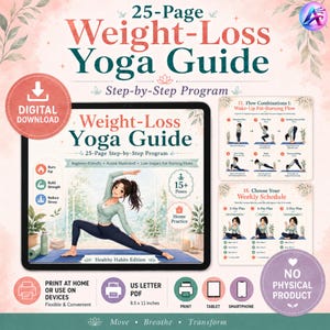 Pode incluir: Download digital de um Guia de Yoga para Perda de Peso de 25 páginas. O guia apresenta instruções passo a passo, poses para iniciantes e fluxos de baixo impacto para queima de gordura. Disponível em formato PDF A4.
