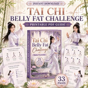 Op de afbeelding: Een printbare Tai Chi Belly Fat Challenge PDF-gids met 33 pagina's. De omslag en pagina's tonen een persoon in traditionele lichtpaarse kleding die bewegingen uitvoert, met lotusbloemen en bamboe-accenten.